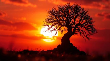 Discover a dreamlike, surreal image of a lone tree silhouetted against a vibrant fiery sunset. This extreme macro close-up sh