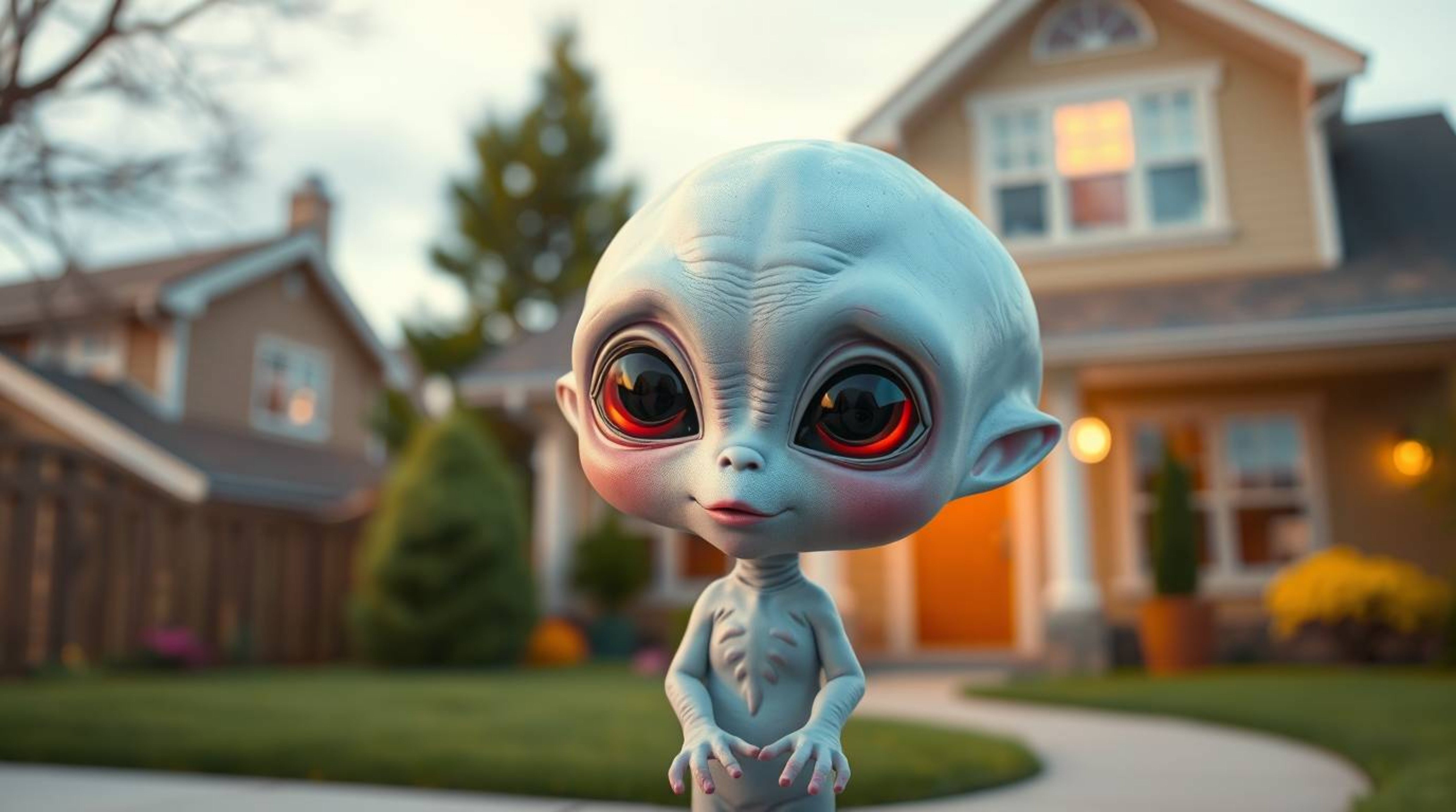 An image of an adorable, cute alien with charming features living in a suburban house is a captivating and imaginative concep
