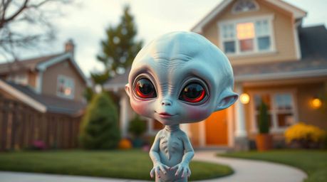 An image of an adorable, cute alien with charming features living in a suburban house is a captivating and imaginative concep