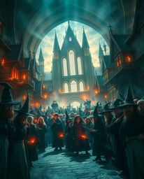 Experience an intense, dramatic scene within a massive magical school brimming with young wizards. Rendered with high-contra