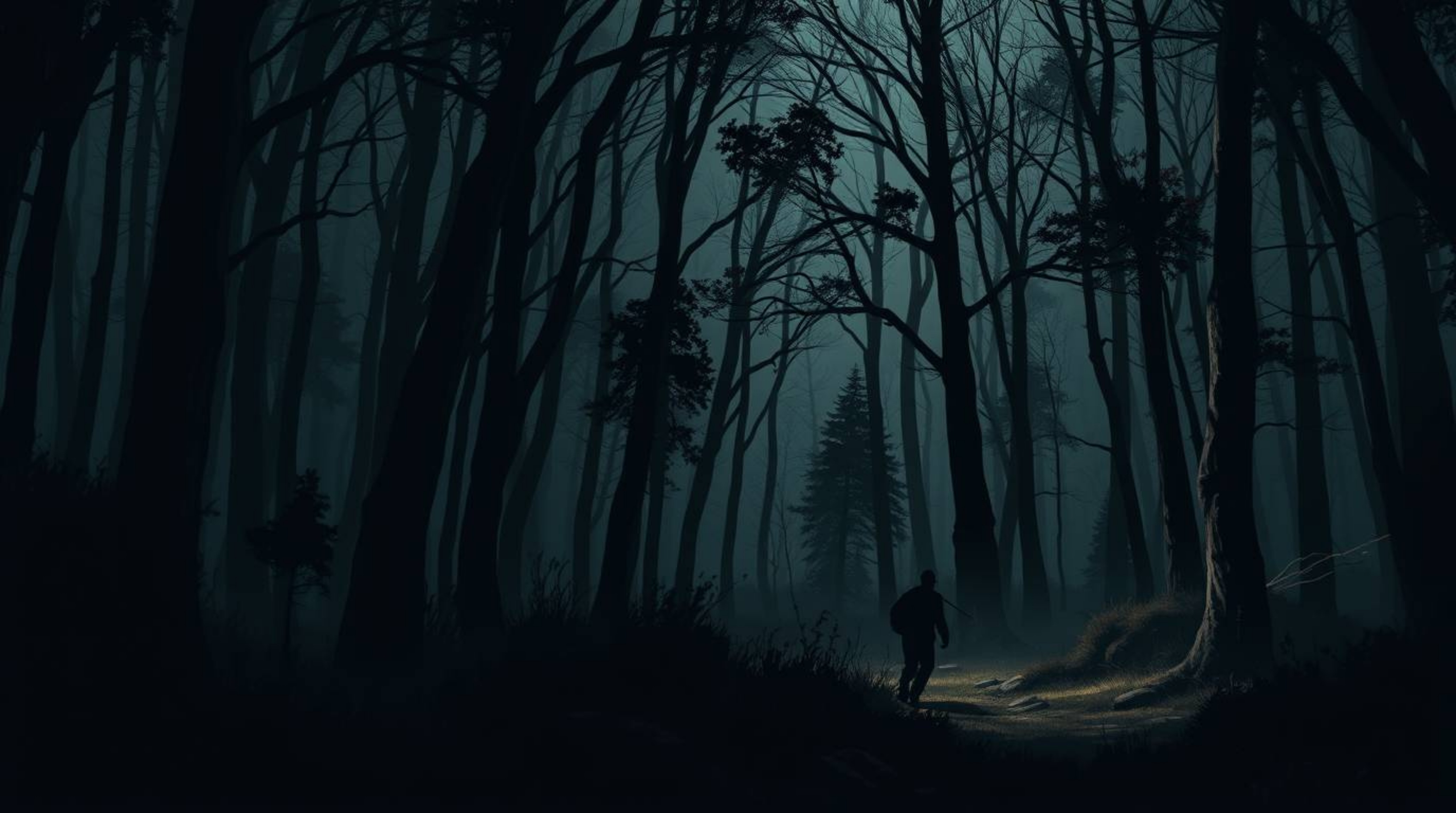 A captivating moody illustration depicts a thrilling chase scene through a looping forest background.  Utilizing dramatic chi