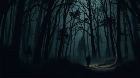 A captivating moody illustration depicts a thrilling chase scene through a looping forest background.  Utilizing dramatic chi