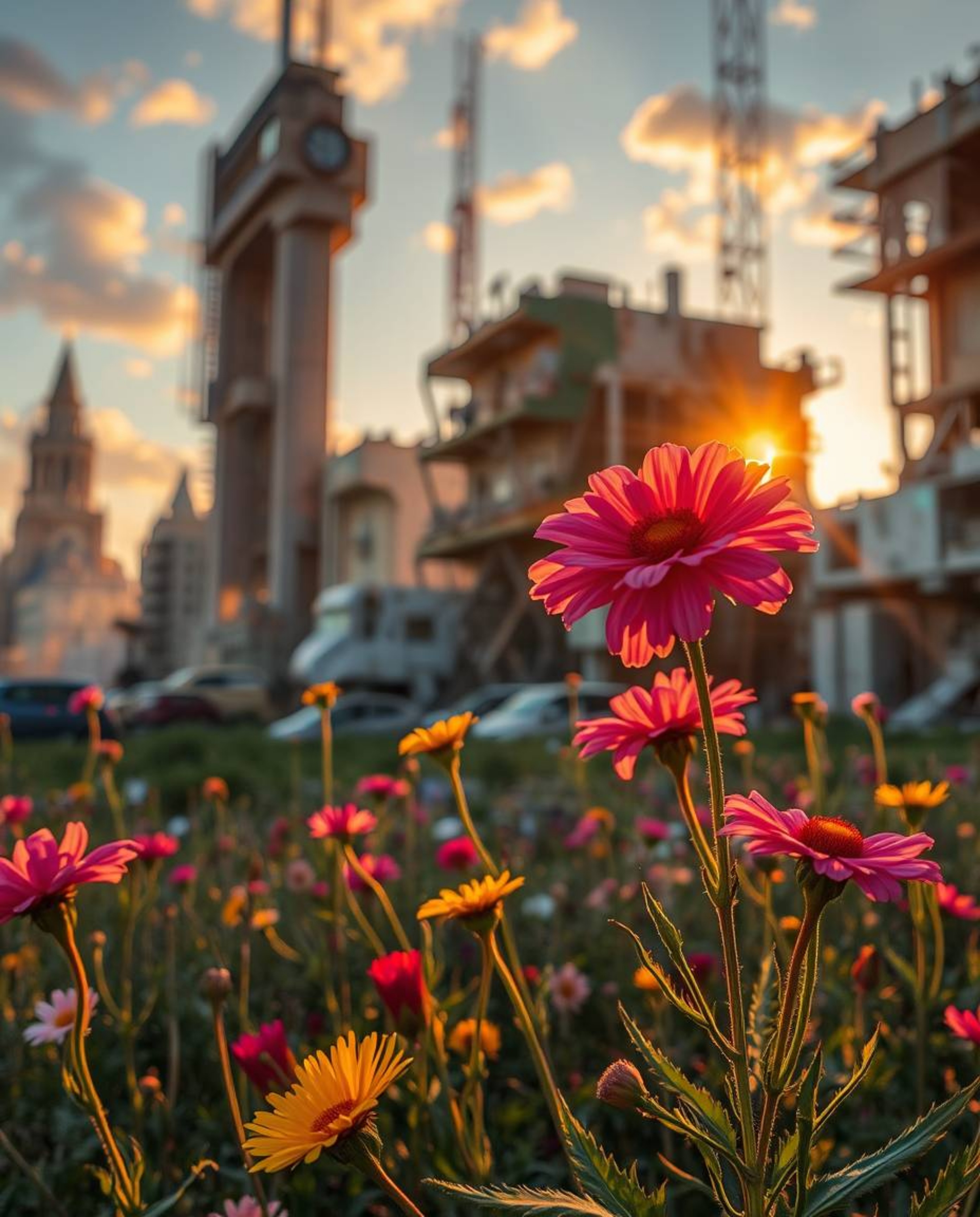 A captivating image showcasing vibrant flowers blooming amidst the ruins of a post-apocalyptic city, bathed in the warm glow 