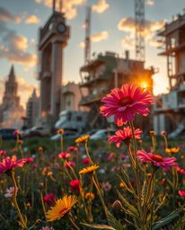 A captivating image showcasing vibrant flowers blooming amidst the ruins of a post-apocalyptic city, bathed in the warm glow 