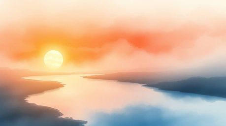 A captivating watercolor painting depicts a winding river bathed in the warm glow of a dramatic orange-pink sunset.  The scen