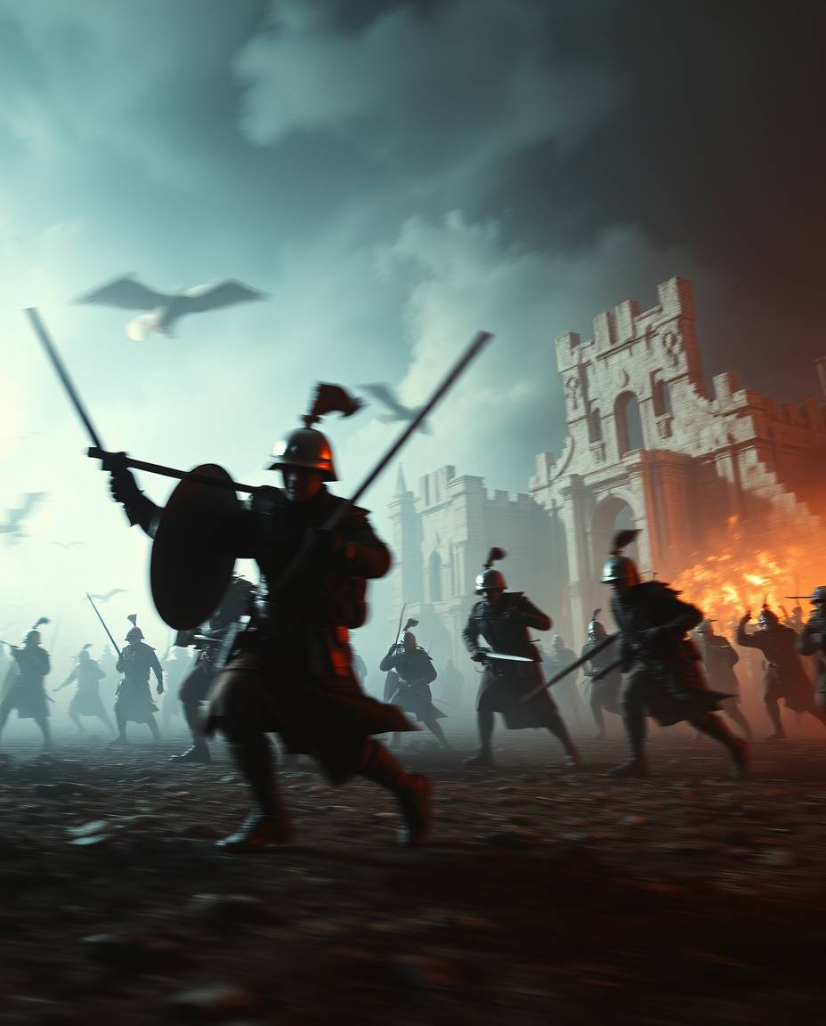 Explore a visually arresting battlefield scene featuring time-warped soldiers and crumbling buildings brought to life with co