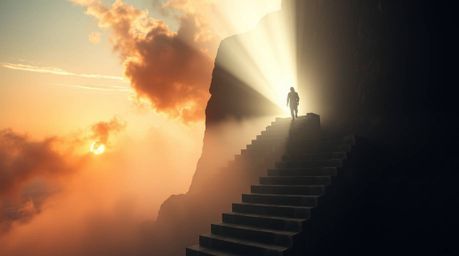 This image evokes a dreamy atmosphere through contrasting hard and soft light, featuring a lone figure climbing a stone stair