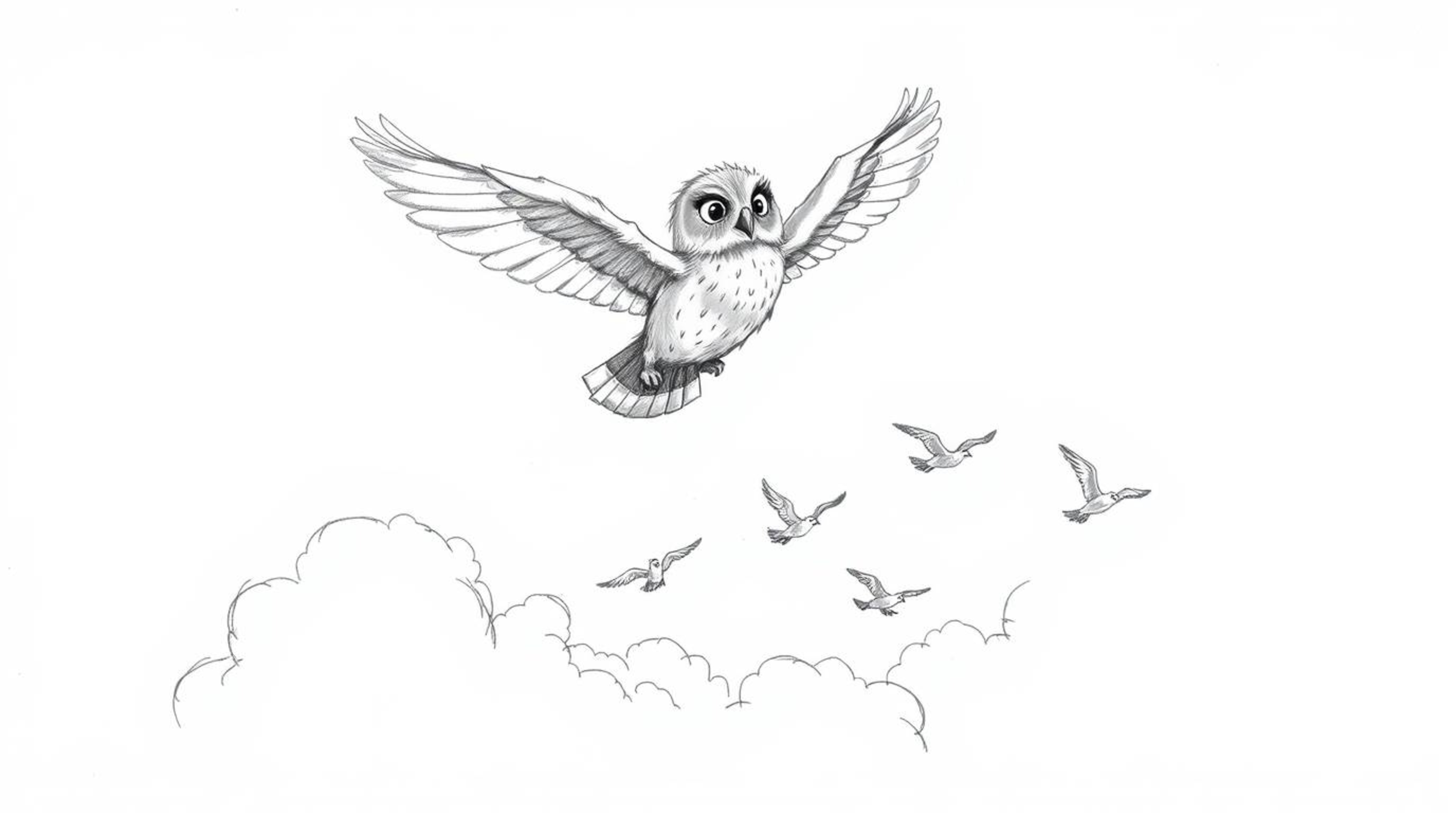 A captivating hand-drawn sketch in the style of Pixar portrays a blind owl with incredibly soft, feathery texture gracefully 