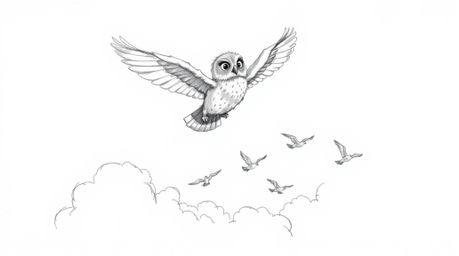 A captivating hand-drawn sketch in the style of Pixar portrays a blind owl with incredibly soft, feathery texture gracefully 