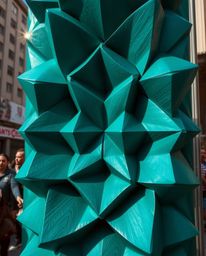 This captivating street photograph showcases a rich, deep teal 3D geometric pattern reminiscent of folded paper, exuding a vi