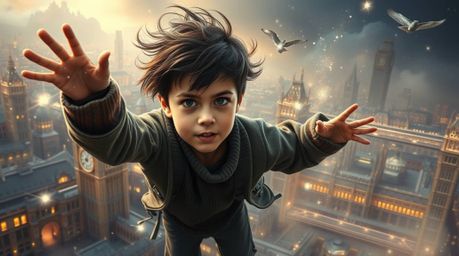 A captivating scene unfolds, depicting a young boy with determined eyes and windblown dark hair soaring above a grand, futuri