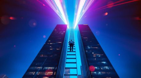 An abstract image depicting a businessperson ascending a transparent ladder disappearing into a vibrant blue sky above toweri