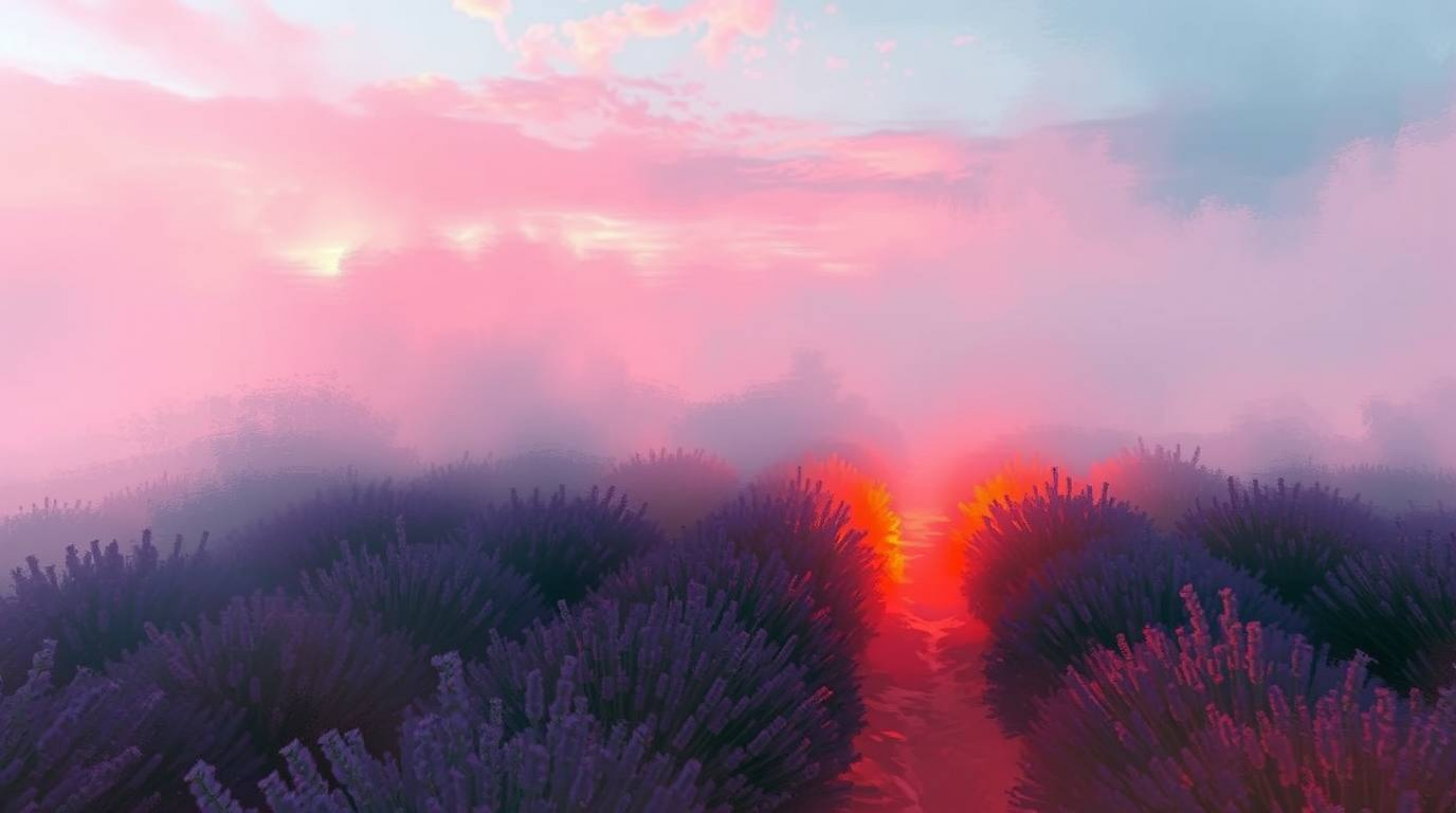 Experience the ethereal beauty of a lavender field bathed in the glow of a dreamy pink sky, rendered in a dynamic digital ske