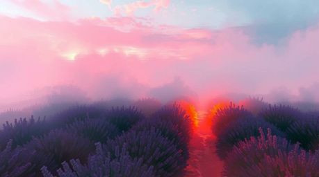 Experience the ethereal beauty of a lavender field bathed in the glow of a dreamy pink sky, rendered in a dynamic digital ske