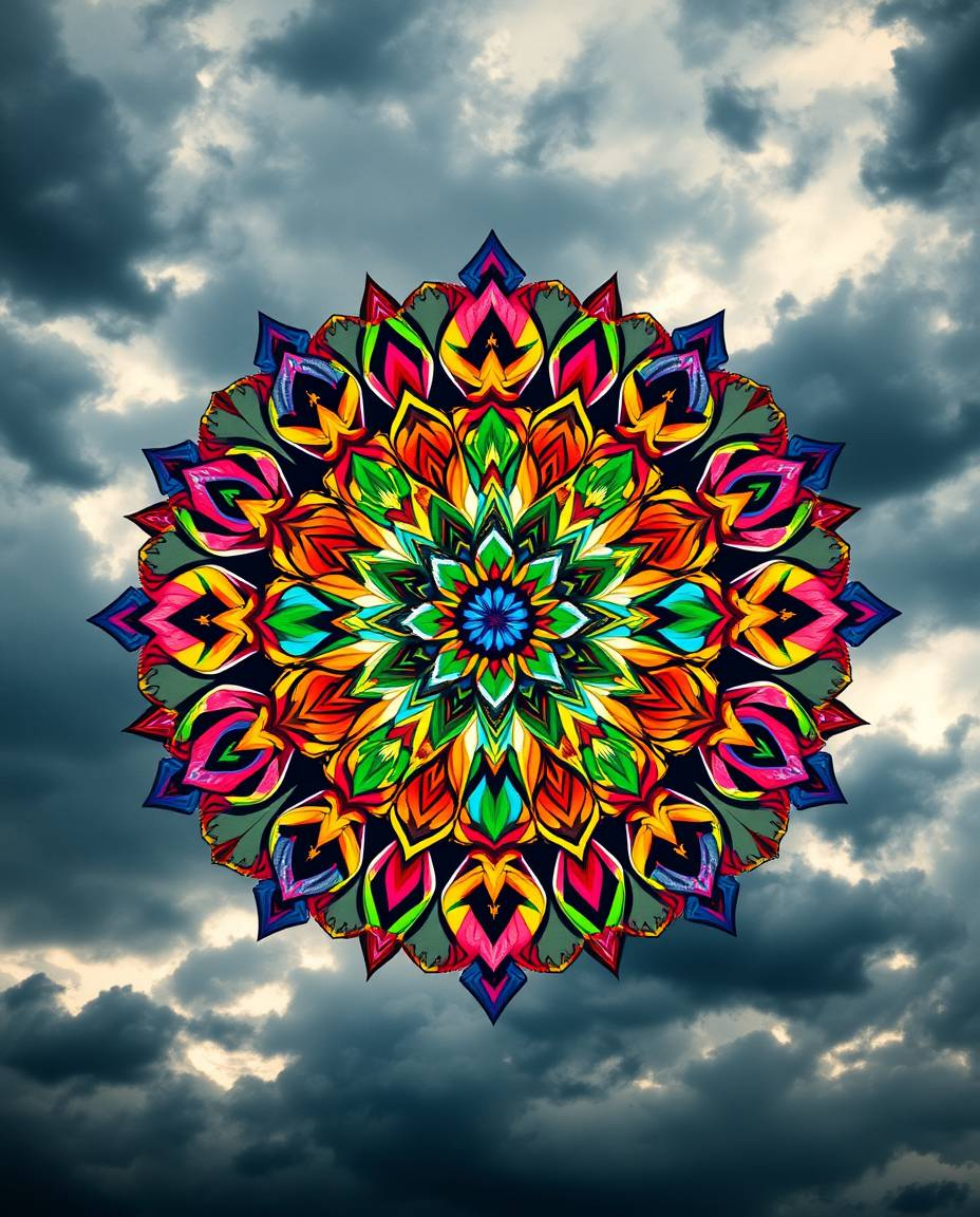 A mesmerizing geometric floral mandala bursts with vibrant colors and a perfectly symmetric design, radiating bright and vibr