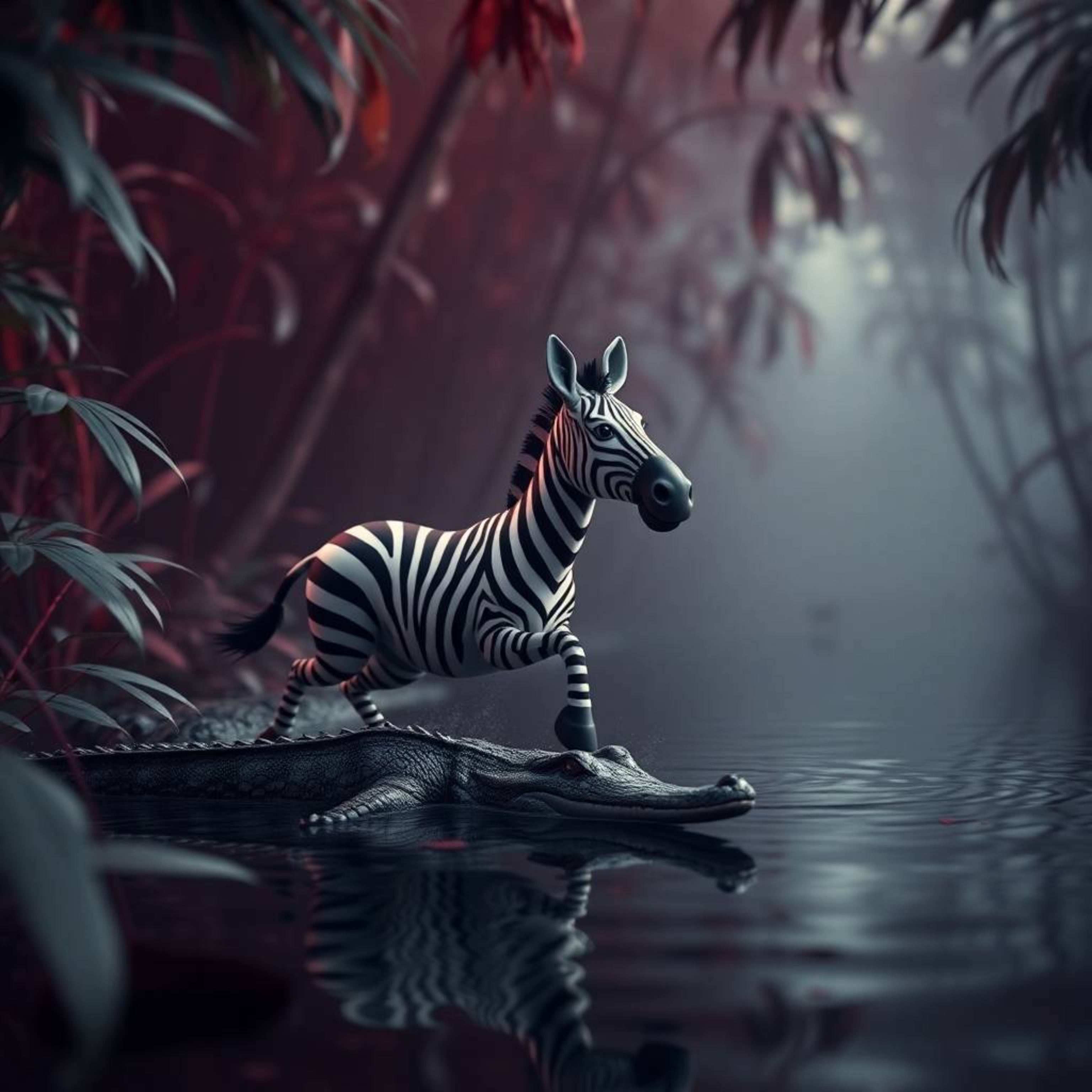 Immerse yourself in a cinematic jungle adventure where a 3D cartoon zebra narrowly escapes a lurking crocodile.  Set within a