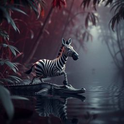 Immerse yourself in a cinematic jungle adventure where a 3D cartoon zebra narrowly escapes a lurking crocodile.  Set within a