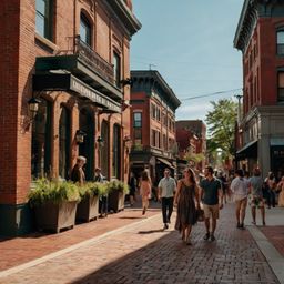 Experience the vibrant atmosphere of a historic district street, characterized by charming red-brick buildings and an array o