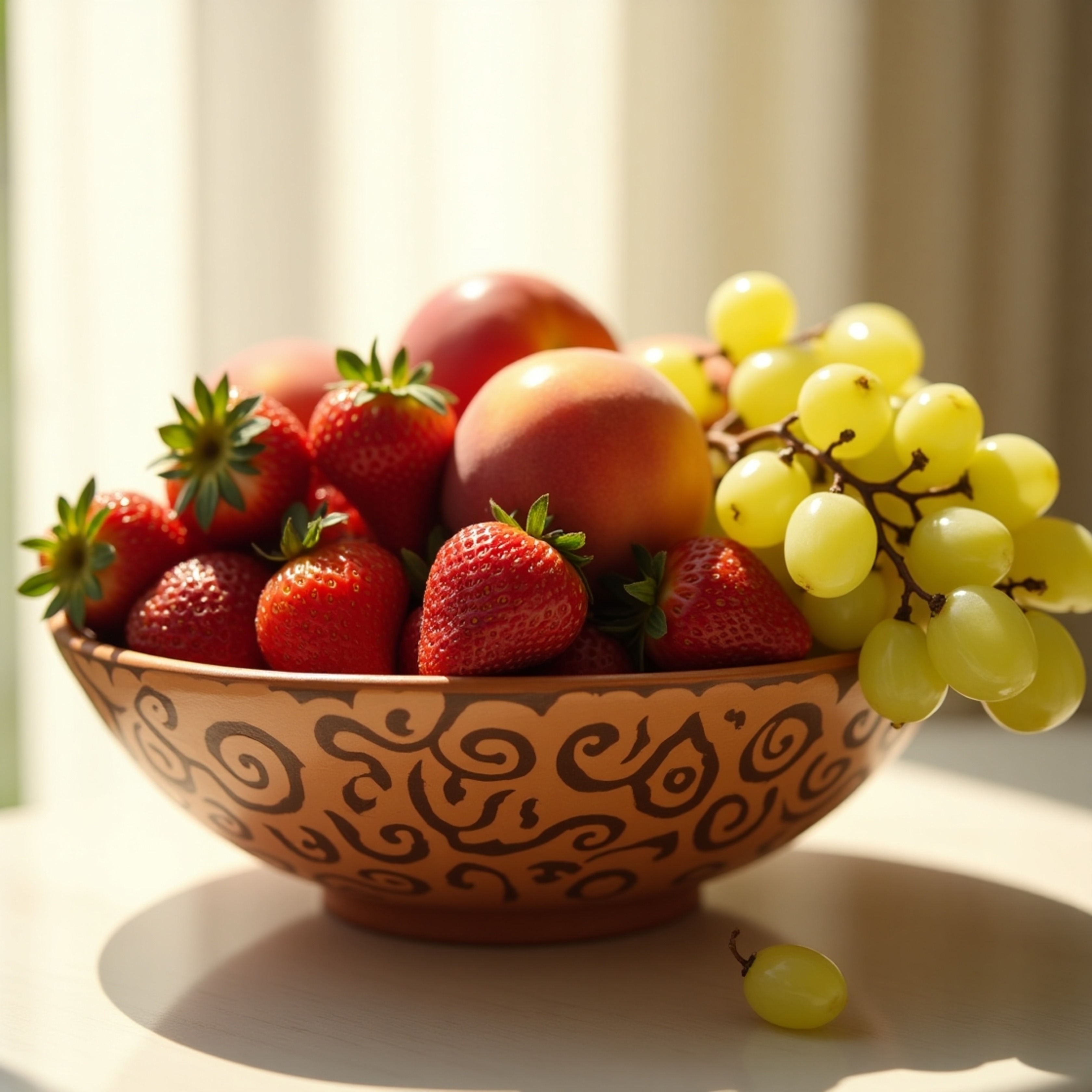 A captivating still life featuring a beautifully crafted, earthy-toned ceramic bowl filled with vibrant, ripe fruit like juic