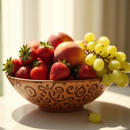 A captivating still life featuring a beautifully crafted, earthy-toned ceramic bowl filled with vibrant, ripe fruit like juic