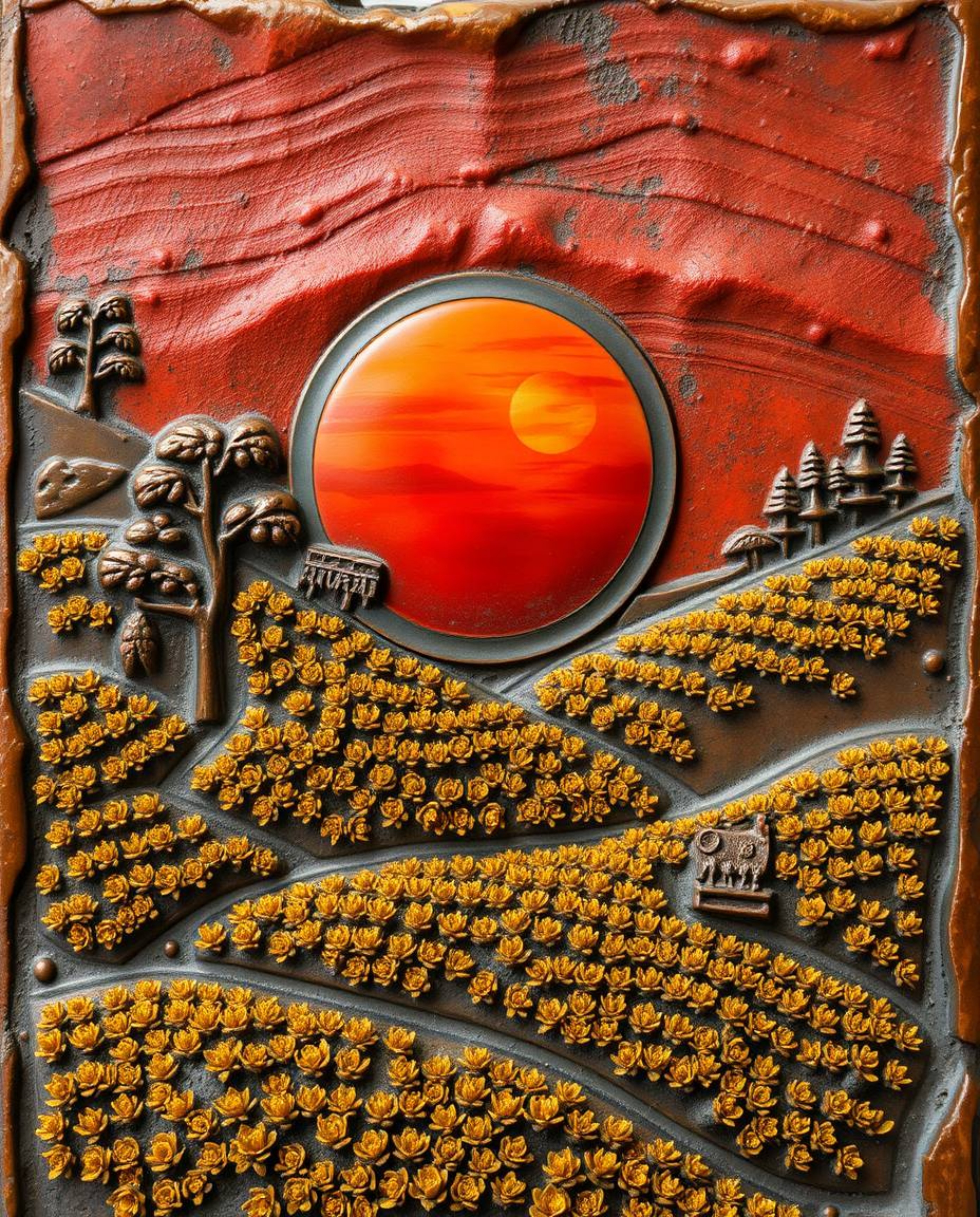 A cast bronze sculpture depicting a sunset over terraced tea plantations. The artwork showcases warm reds, oranges, and yello