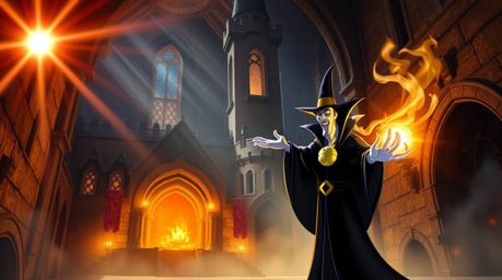 A captivating image of a classic Disney villain casting a powerful spell within the walls of an ancient castle. Rendered in a