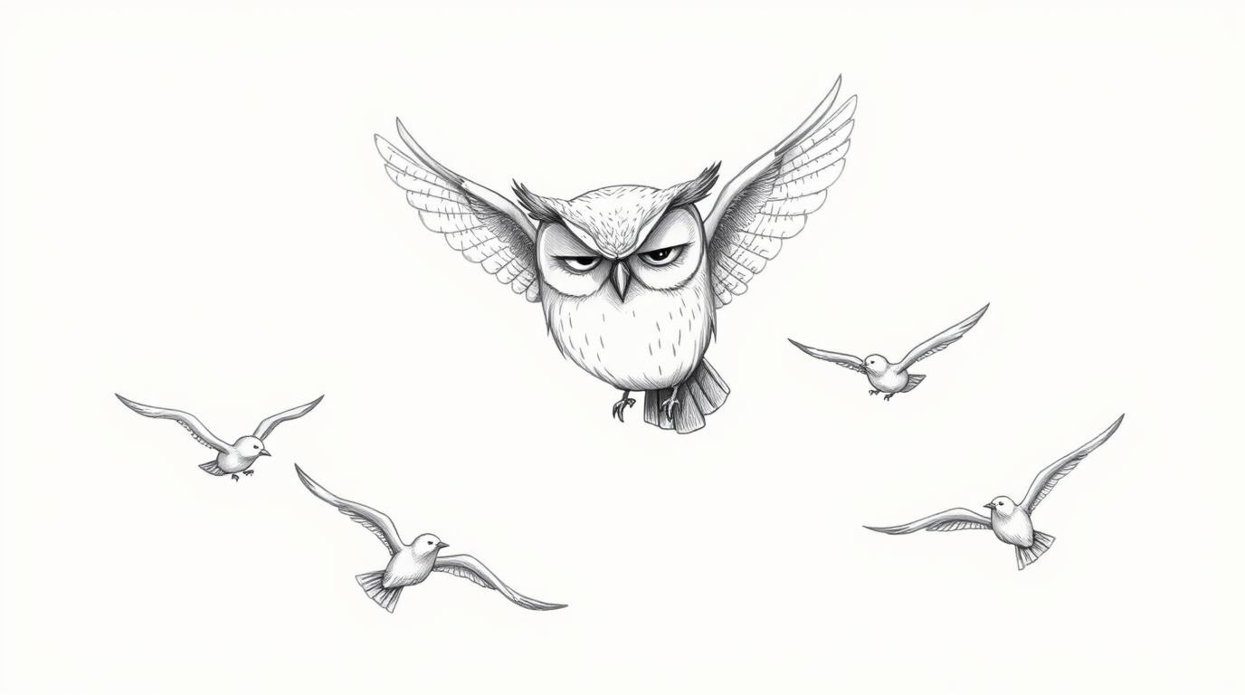 A hand-drawn sketch in the style of Pixar depicts a blind owl, with a subtly detailed gentle face, guiding a flock of birds i