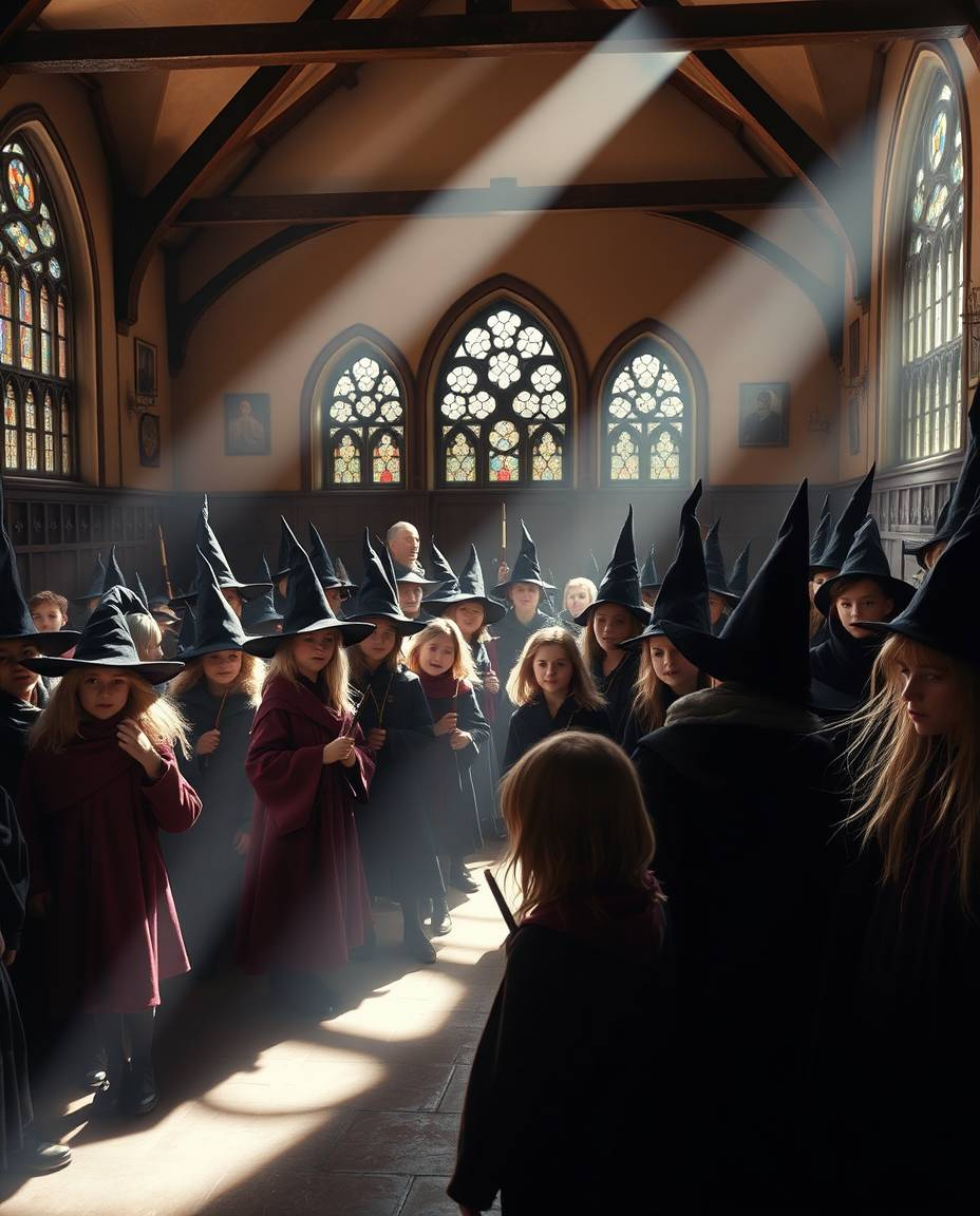 A stunning high-resolution stock photo depicting a magical school brimming with young wizards.  The image features strong, ha