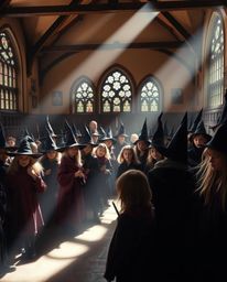 A stunning high-resolution stock photo depicting a magical school brimming with young wizards.  The image features strong, ha