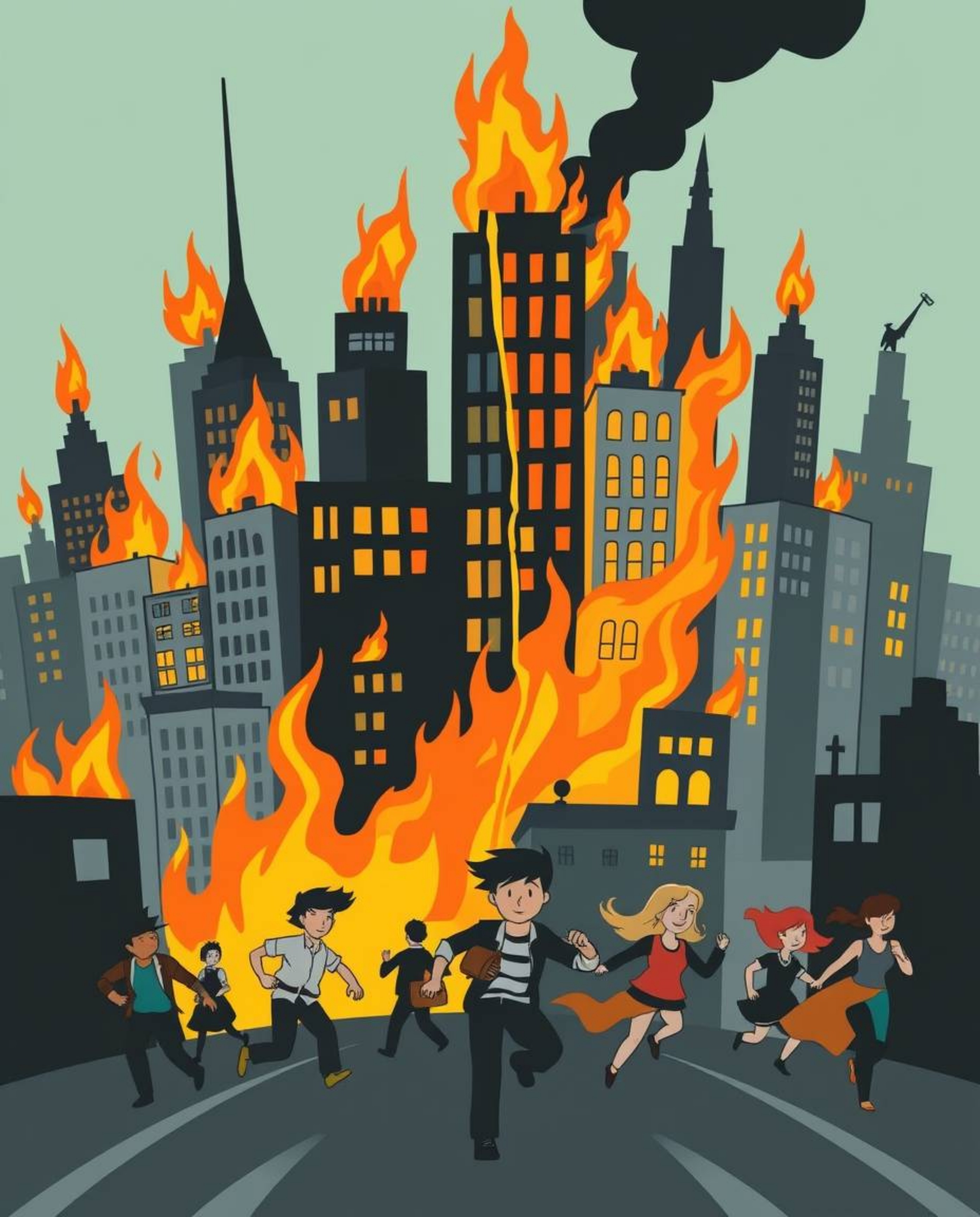 A vibrant and captivating scene depicting a city engulfed in flames, yet rendered in an adorable and cute cartoonish style.  