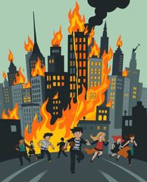 A vibrant and captivating scene depicting a city engulfed in flames, yet rendered in an adorable and cute cartoonish style.  
