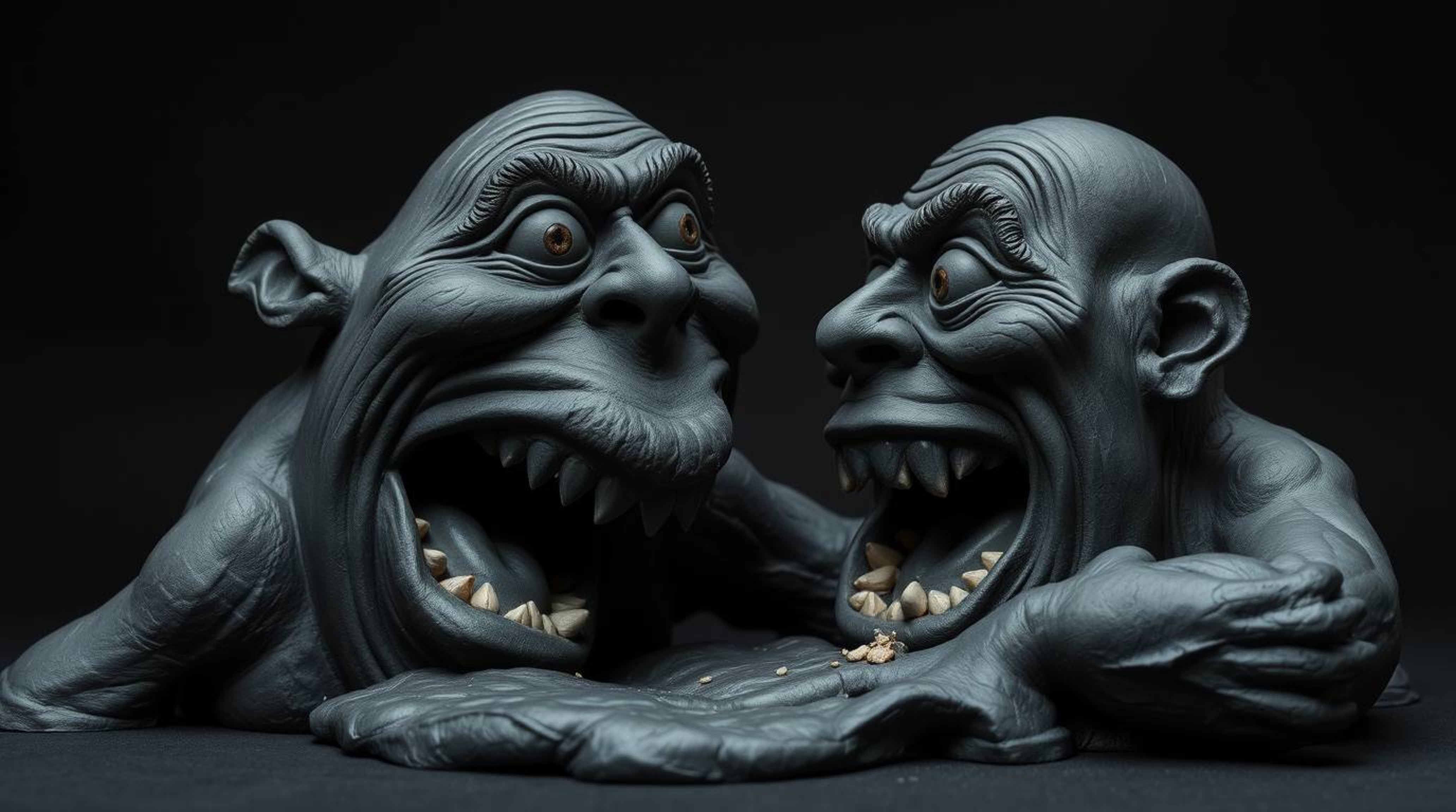 This sculptural clay art piece captures a hilarious gross-out comedy moment with exaggerated expressions, rendered in intense