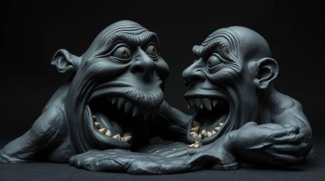 This sculptural clay art piece captures a hilarious gross-out comedy moment with exaggerated expressions, rendered in intense