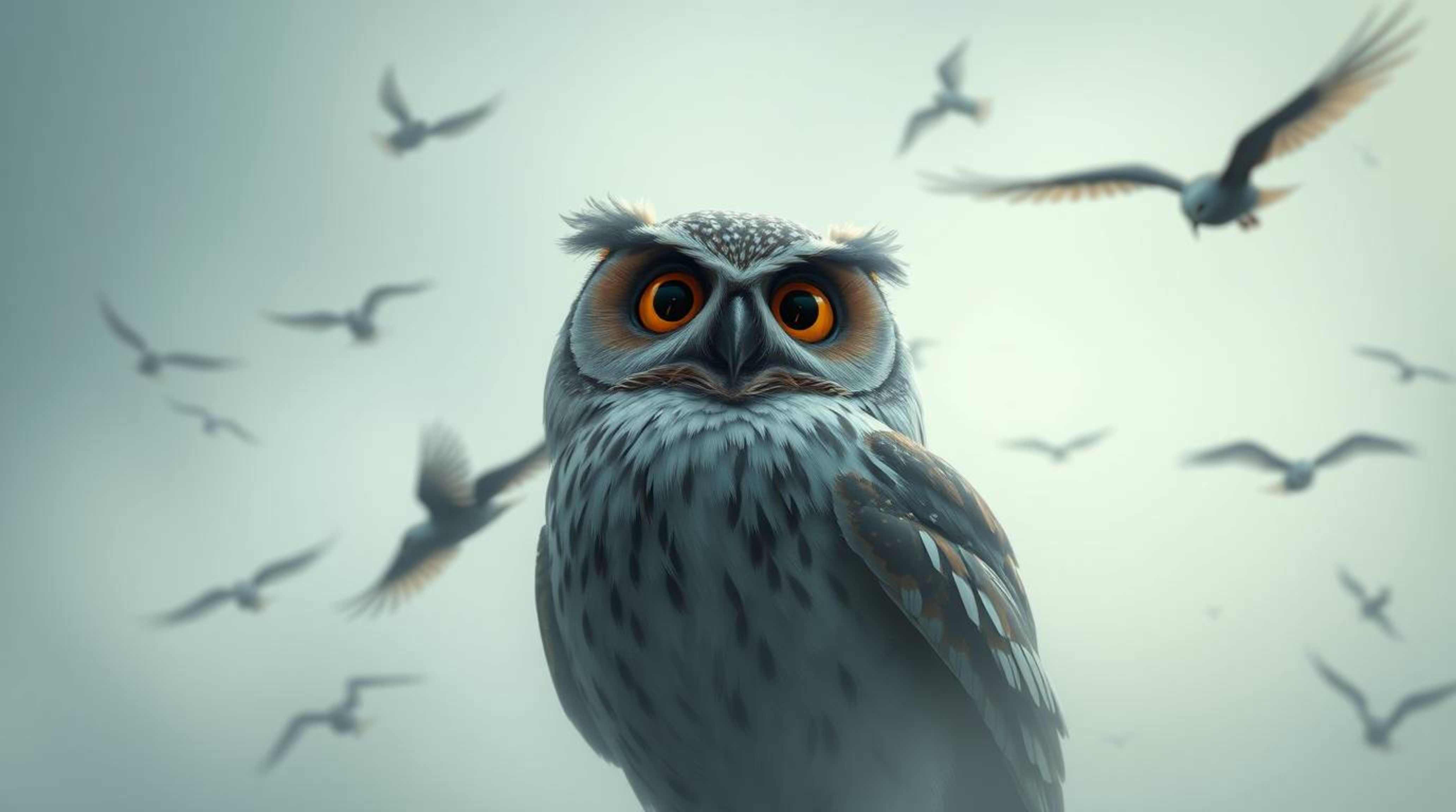 A Pixar-style blind owl, defying expectations, teaches birds how to fly. Gazing into the wind with inner vision, it navigates