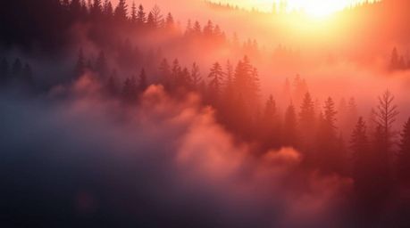 Experience the sophisticated elegance of mist rising from a forest bathed in the golden hour light.  Rich burgundy and deep b