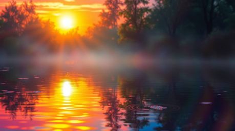 A captivating digital painting depicting a vibrant sunset reflected in a tranquil pond. The artwork features a soft, dreamy a