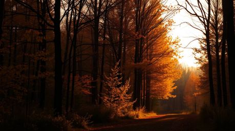 Capture the serene beauty of an autumn forest bathed in the warm glow of a sunset. This fine art photography showcases golden