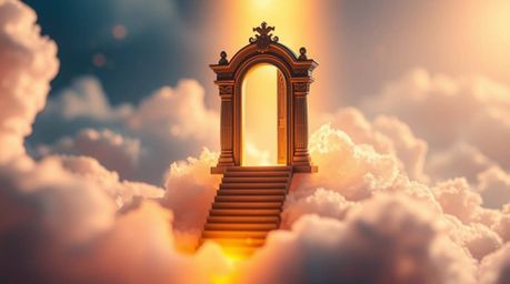 Explore a breathtaking fantasy realism photograph featuring a heavenly gate gracefully floating above the clouds. Bathed in v