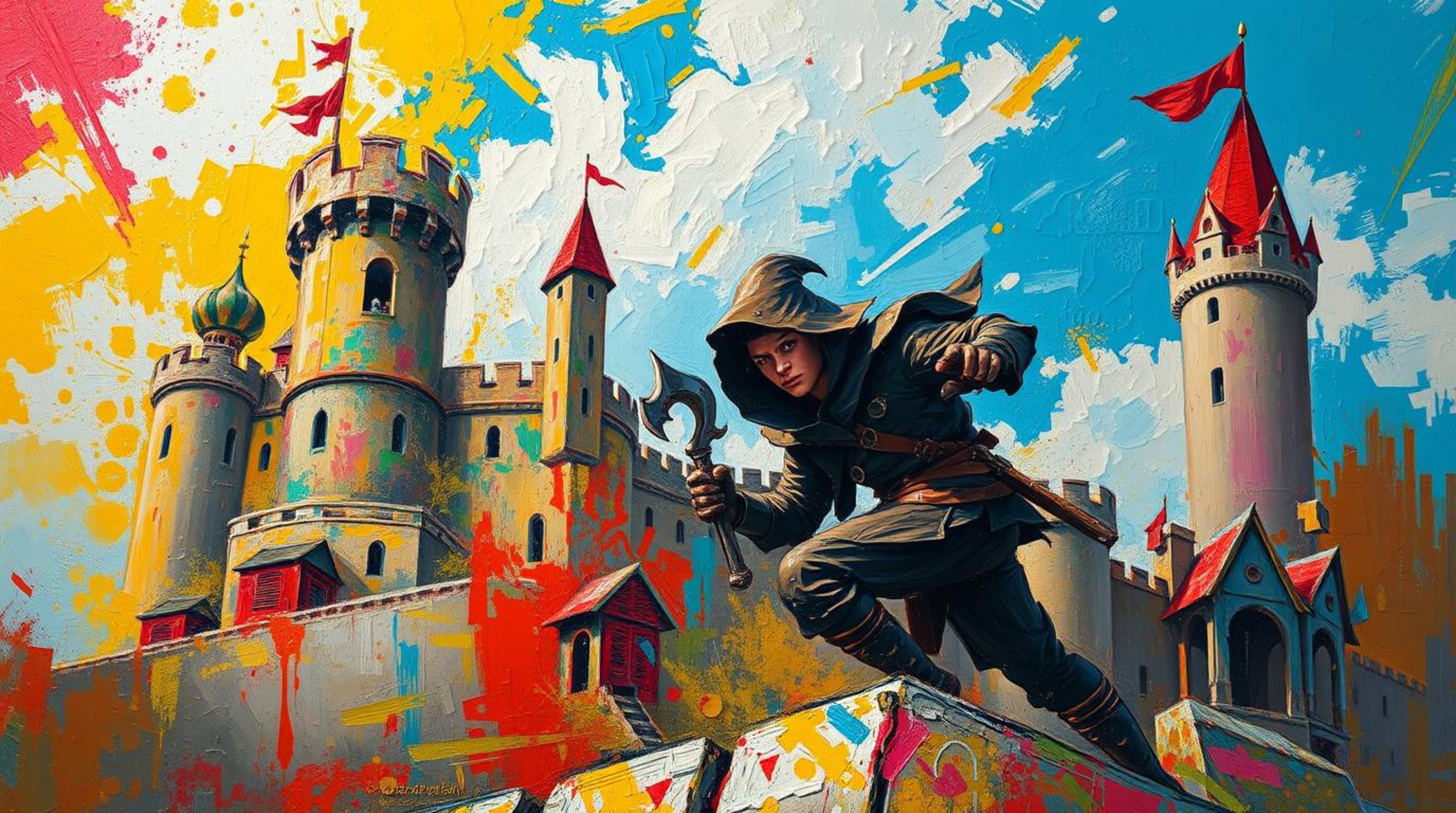 A captivating oil painting depicting a thief stealthily infiltrating a heavily guarded castle.  The artwork bursts with brigh