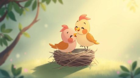 This illustration depicts a soft and dreamy atmosphere with two cartoon birds diligently building a nest in a classic animati