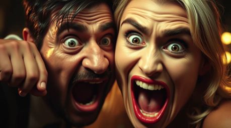A hilarious gross-out comedy scene unfolds with exaggerated facial expressions, dramatically lit for maximum impact. High con