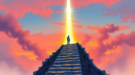 A captivating hand-drawn color sketchnote portrays a solitary figure ascending a stone staircase toward a radiant beam of div