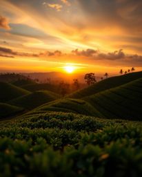 This deep teal macro photograph captures an extreme close-up of a luxurious and vibrant sunset over terraced tea plantations.