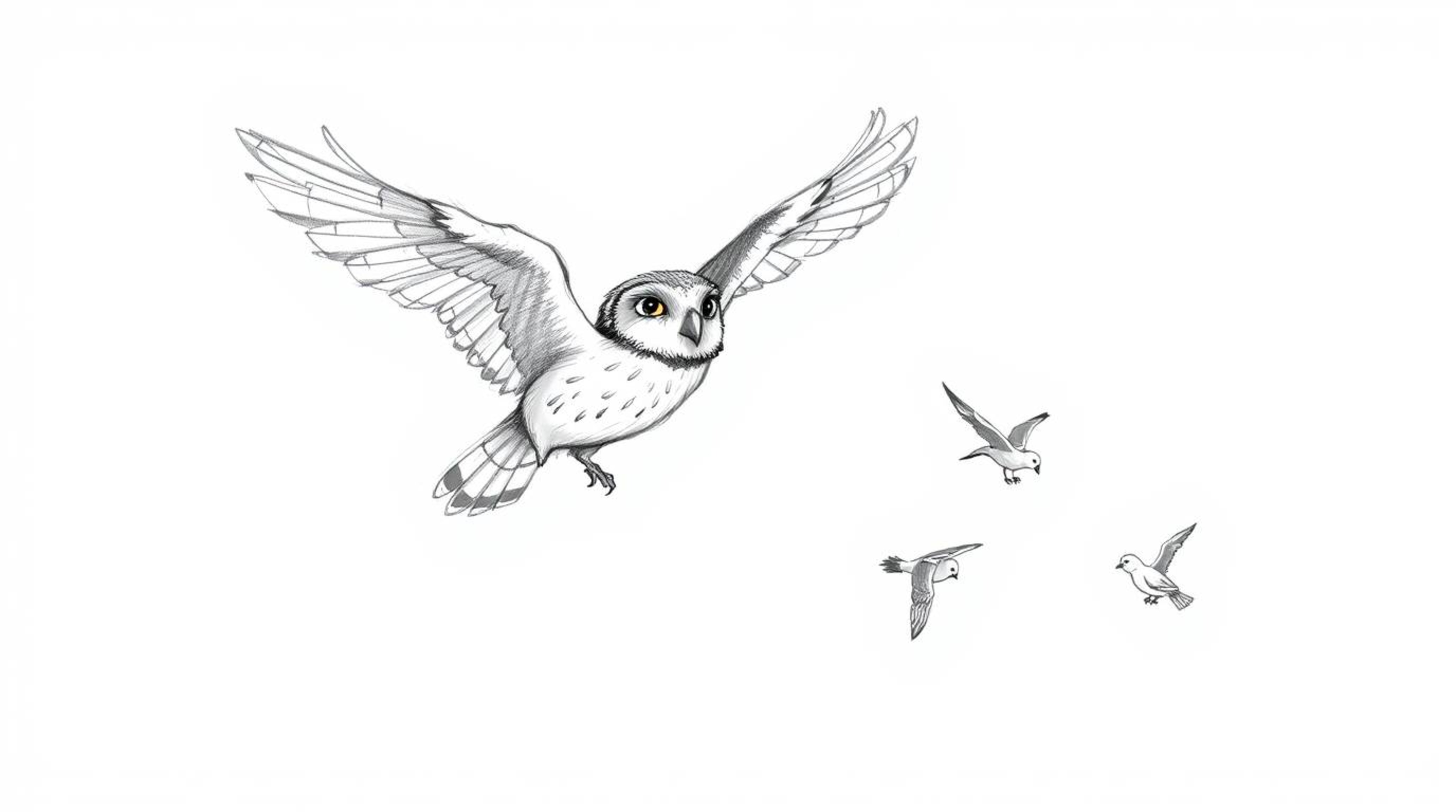 A captivating hand-drawn sketch in the style of Pixar depicts a blind owl in mid-flight, gracefully teaching a group of small