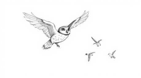 A captivating hand-drawn sketch in the style of Pixar depicts a blind owl in mid-flight, gracefully teaching a group of small