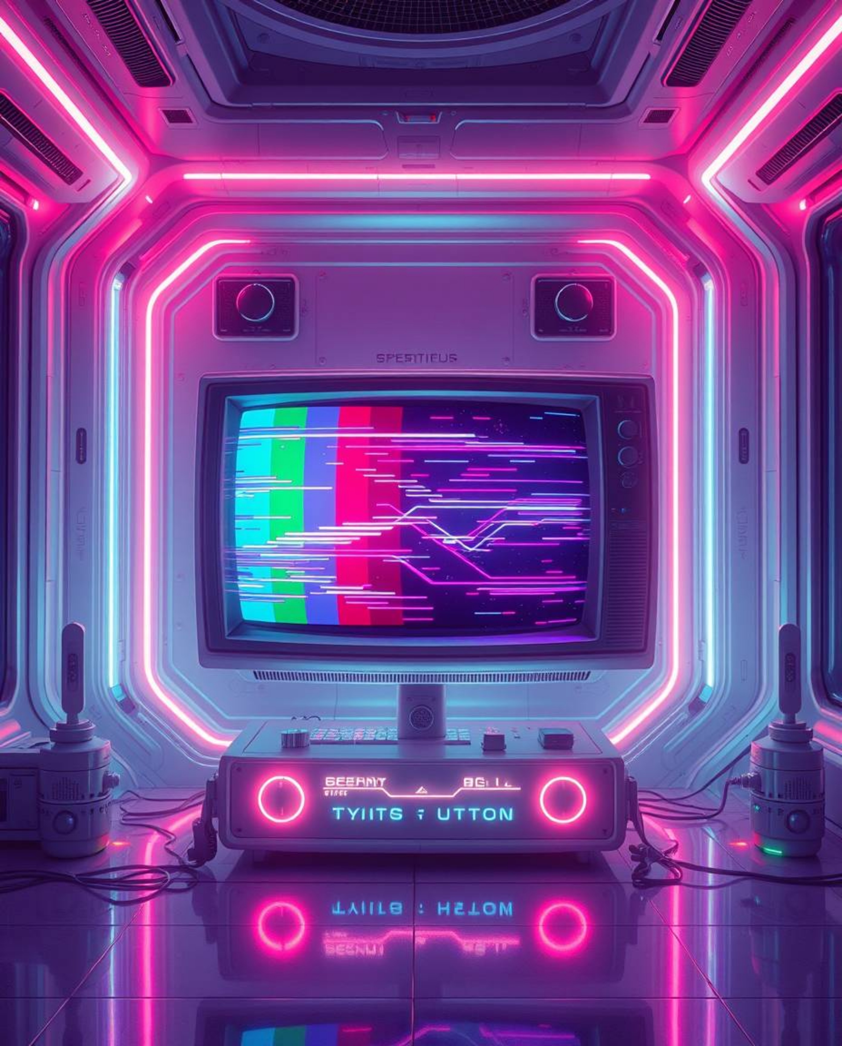Immerse yourself in a futuristic sci-fi scene infused with ethereal spiritual vibes. This artwork features a retro-style TV s