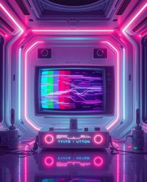 Immerse yourself in a futuristic sci-fi scene infused with ethereal spiritual vibes. This artwork features a retro-style TV s
