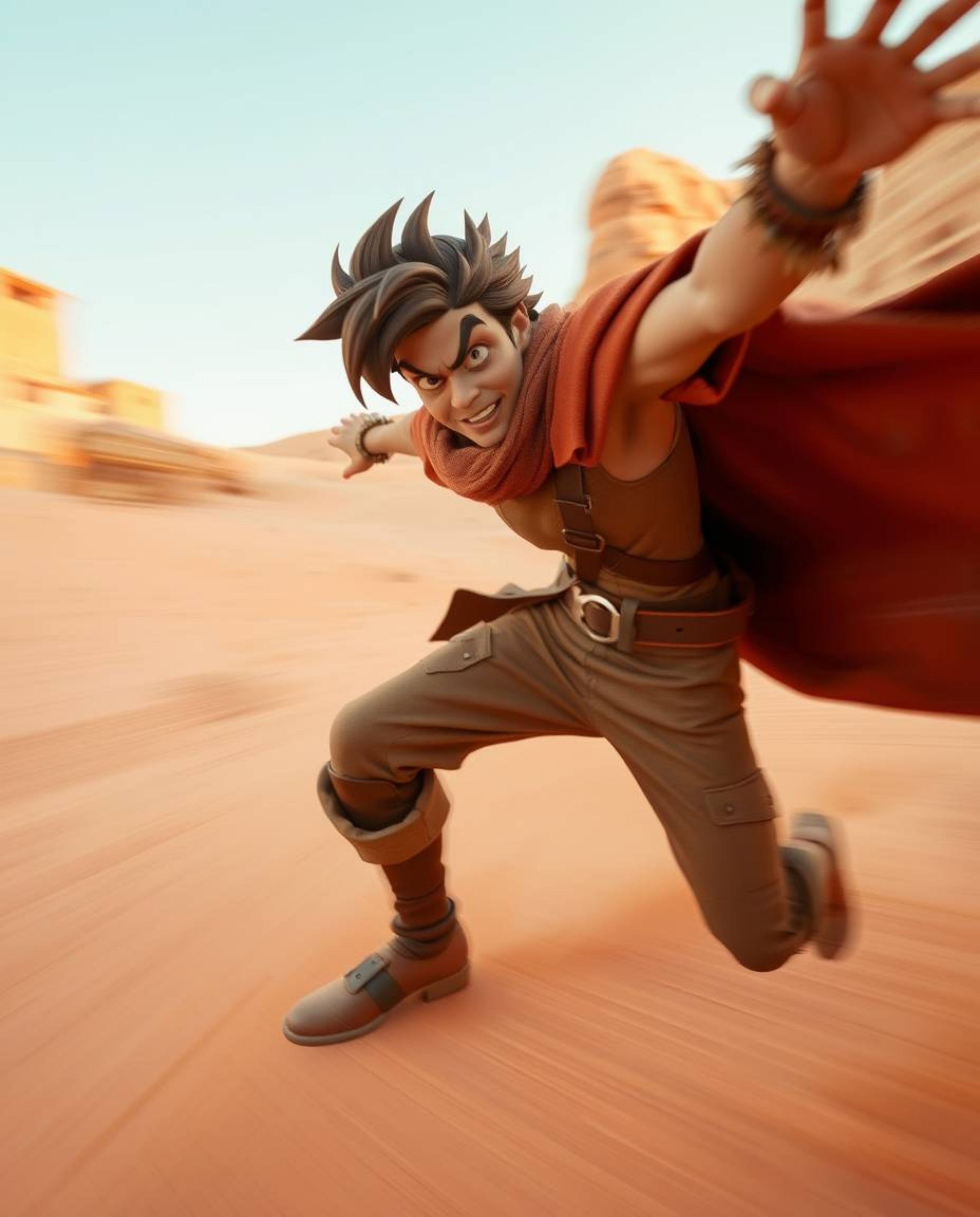 Experience a thrilling desert adventure with a brave, Disney-style hero in this dynamic action shot. The image captures the h