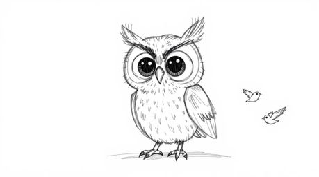 A hand-drawn sketch in the style of Pixar portrays a blind owl with soft, textured pencil strokes, set against a clean white 
