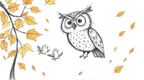 A heartwarming hand-drawn sketch in the style of Pixar depicts a blind owl with large, expressive eyes patiently teaching a f